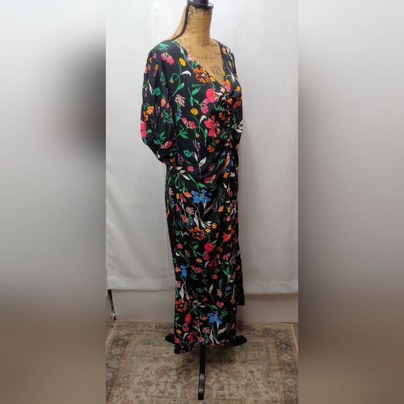 A New Day Short Sleeve Ruched Floral Print Maxi Dress Sz XL Black Multicolor - Picture 3 of 10